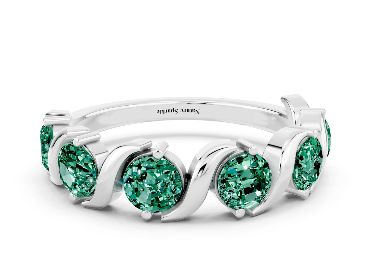 Six-Stone Round Green Sapphire Wave Band in Silver with Shared Prong Setting