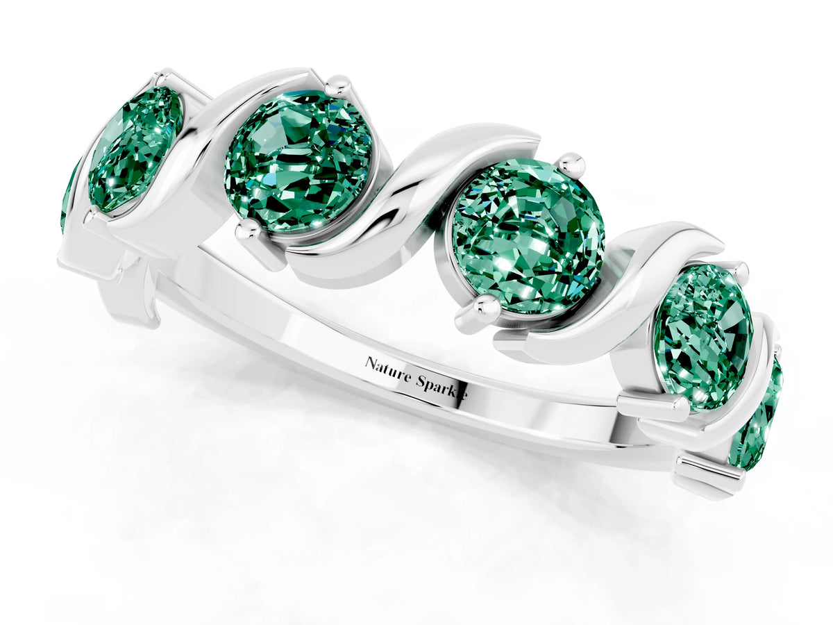 Six-Stone Round Green Sapphire Wave Band in Silver with Shared Prong Setting_1