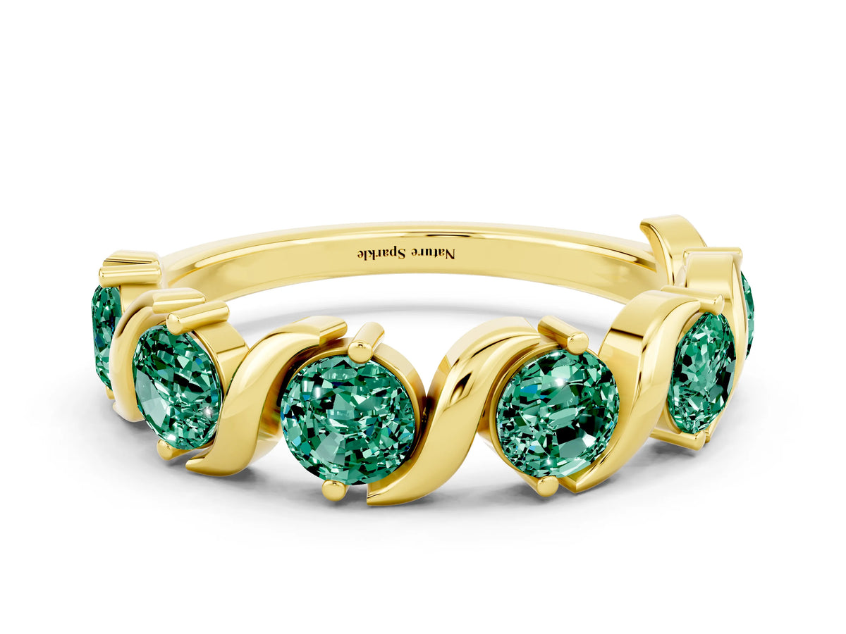 Six-Stone Round Green Sapphire Wave Band in Yellow gold with Shared Prong Setting
