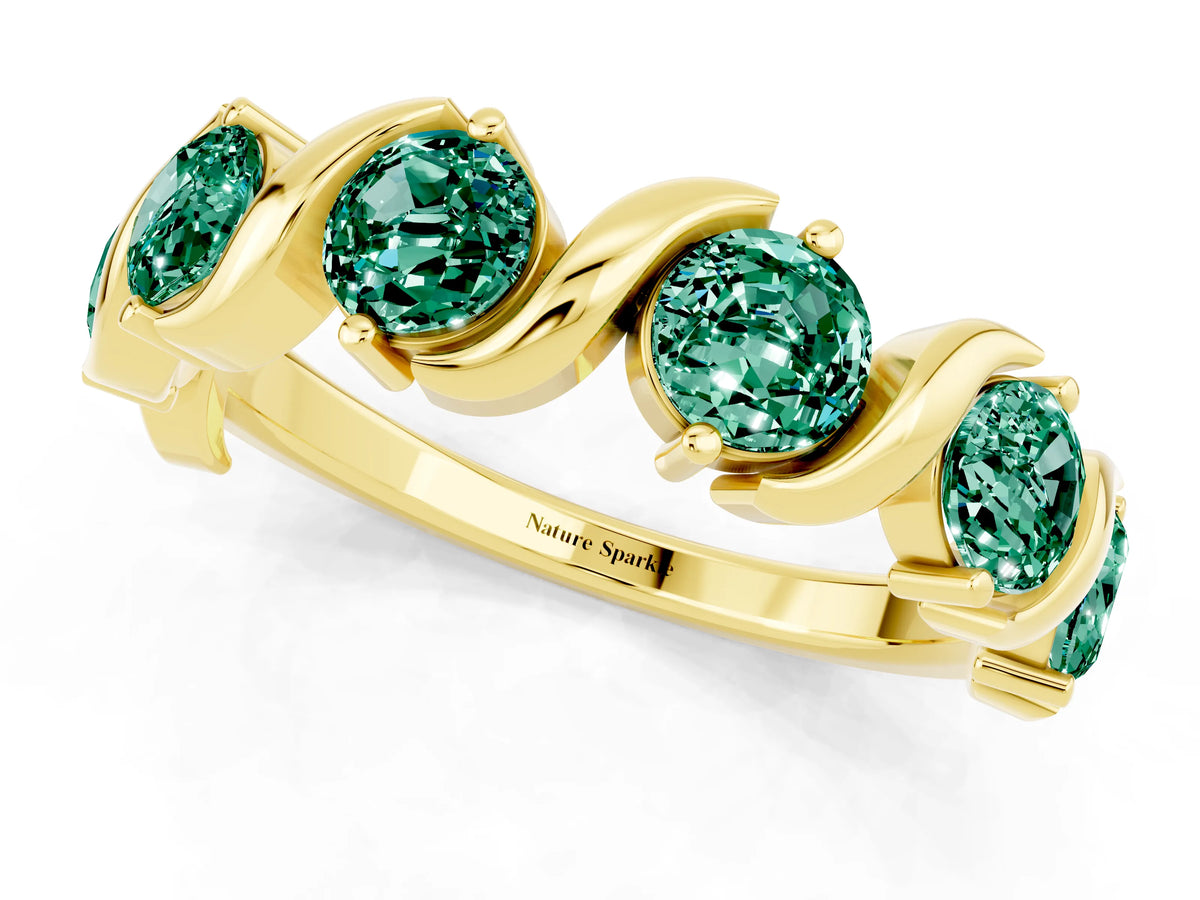 Six-Stone Round Green Sapphire Wave Band in Yellow gold with Shared Prong Setting_1