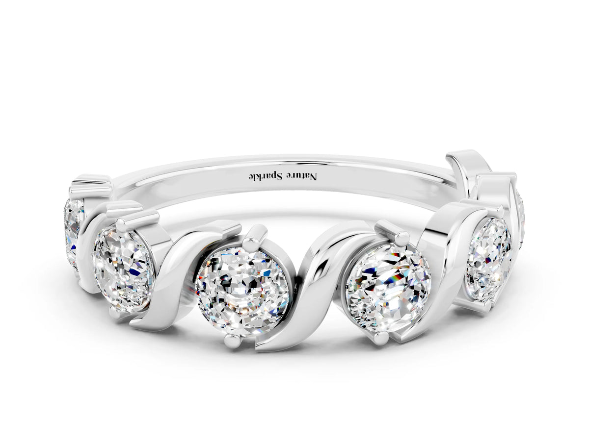 Six-Stone Round Moissanite Wave Band in Platinum with Shared Prong Setting