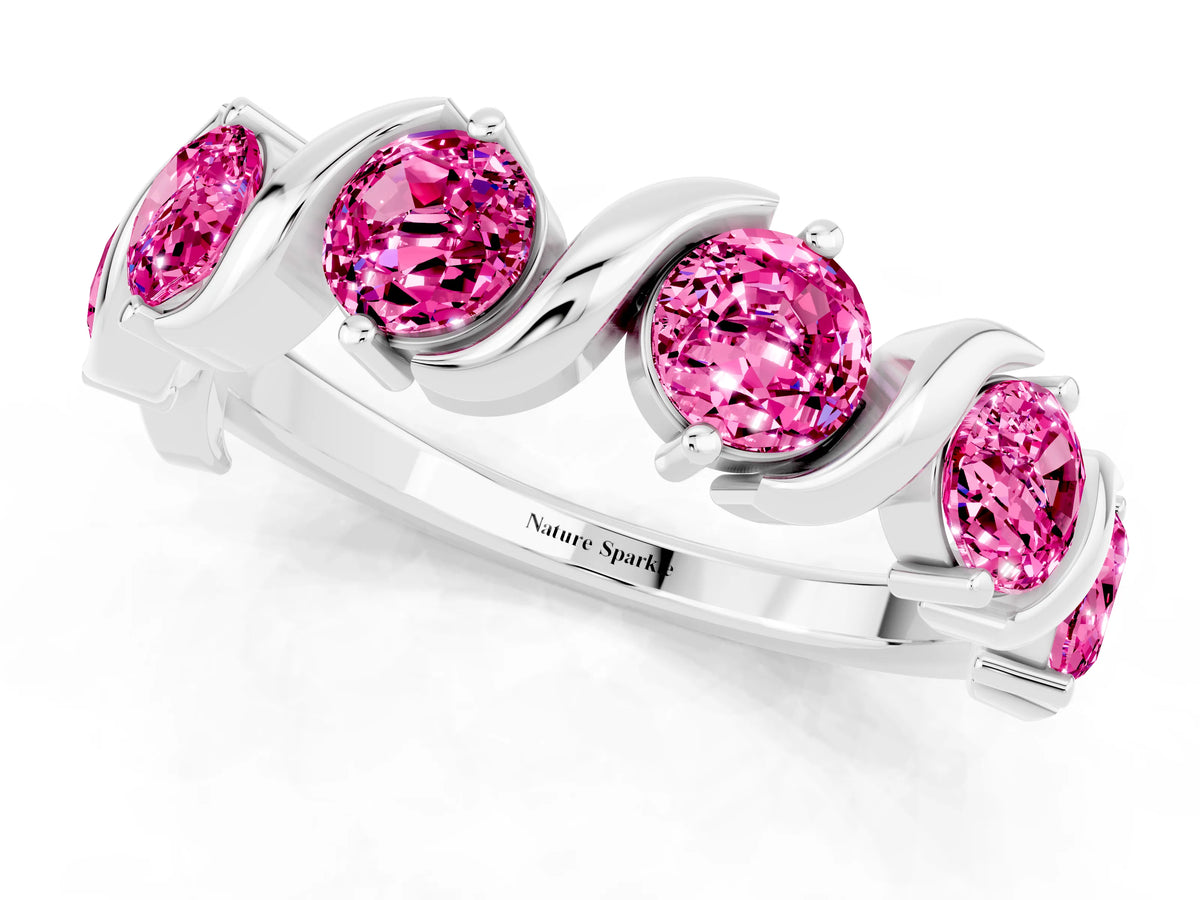 Six-Stone Round Pink Sapphire Wave Band in Silver with Shared Prong Setting_1