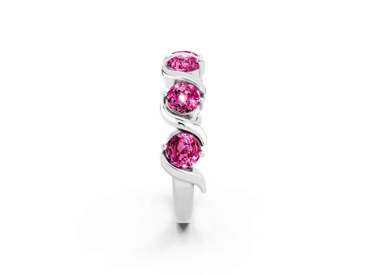 Six-Stone Round Pink Sapphire Wave Band in Silver with Shared Prong Setting_2