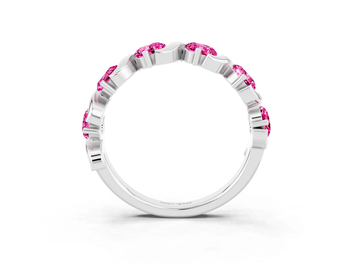 Six-Stone Round Pink Sapphire Wave Band in Silver with Shared Prong Setting_3