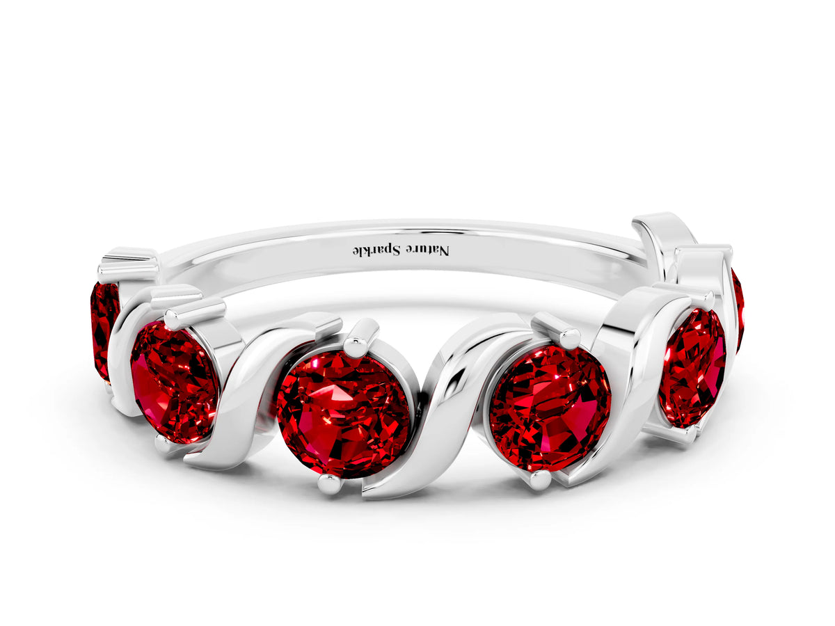 Six-Stone Round Ruby Wave Band in White gold with Shared Prong Setting