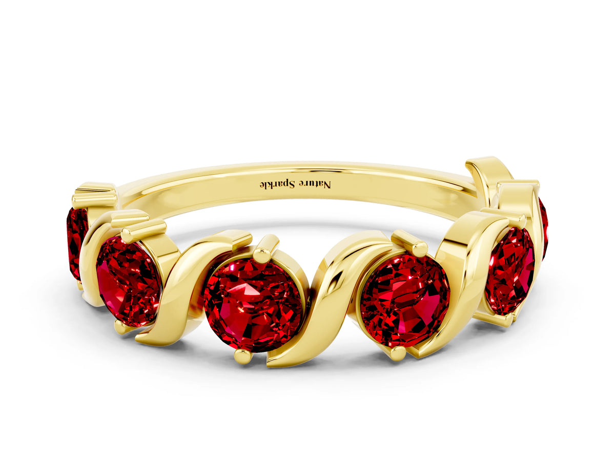 Six-Stone Round Ruby Wave Band in Yellow gold with Shared Prong Setting