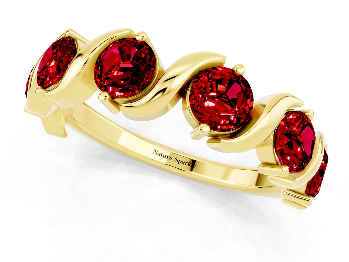 Six-Stone Round Ruby Wave Band in Yellow gold with Shared Prong Setting_1