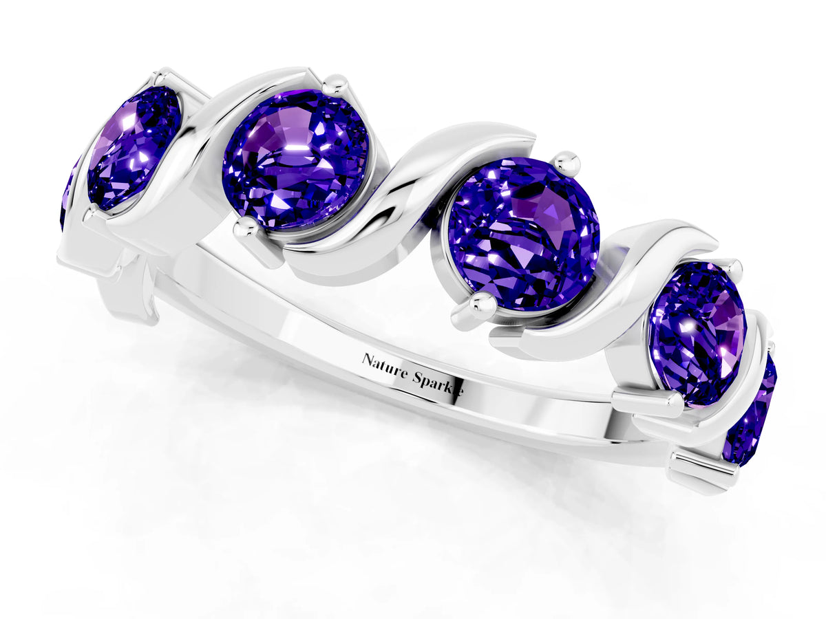 Six-Stone Round Tanzanite Wave Band in Platinum with Shared Prong Setting_1