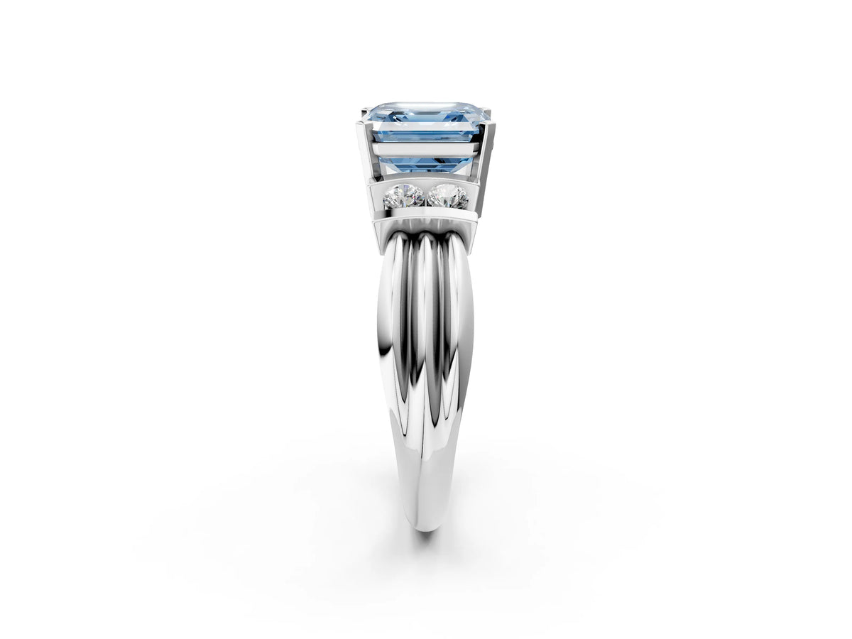 Three-Stone Fancy Blue Asscher Cut Diamond Channel Set Ring in Platinum with Bar Prongs_14