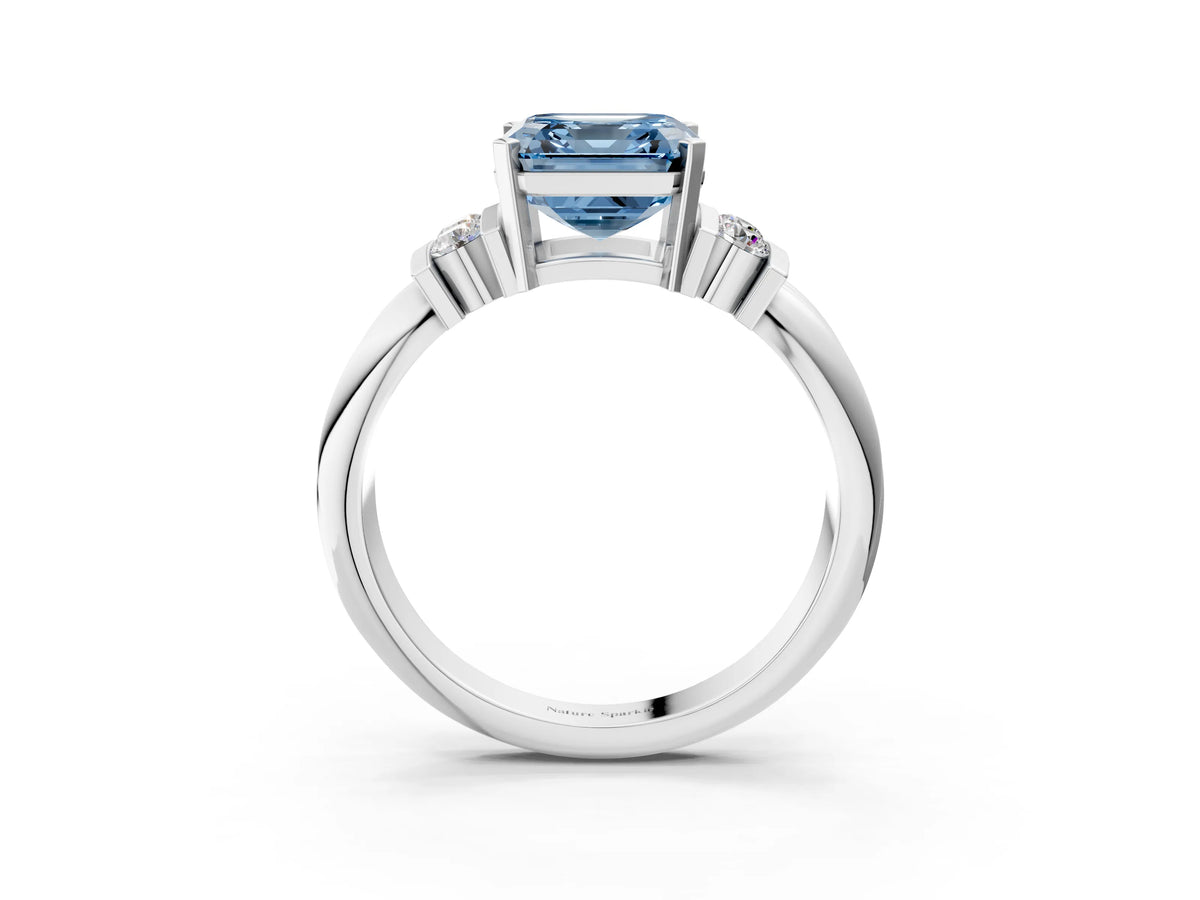 Three-Stone Fancy Blue Asscher Cut Diamond Channel Set Ring in Platinum with Bar Prongs_15