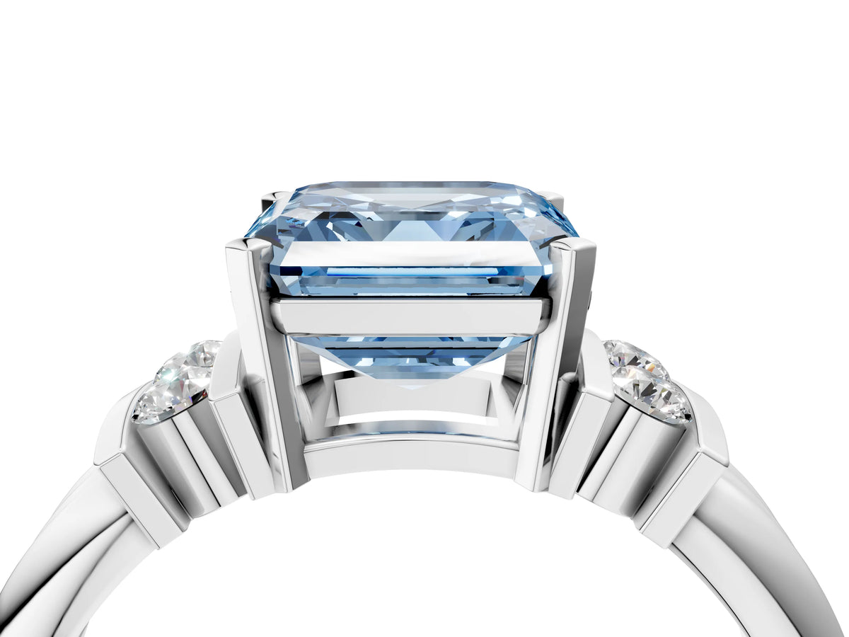 Three-Stone Fancy Blue Asscher Cut Diamond Channel Set Ring in Platinum with Bar Prongs_16