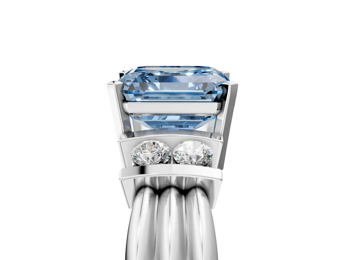 Three-Stone Fancy Blue Asscher Cut Diamond Channel Set Ring in Platinum with Bar Prongs_17