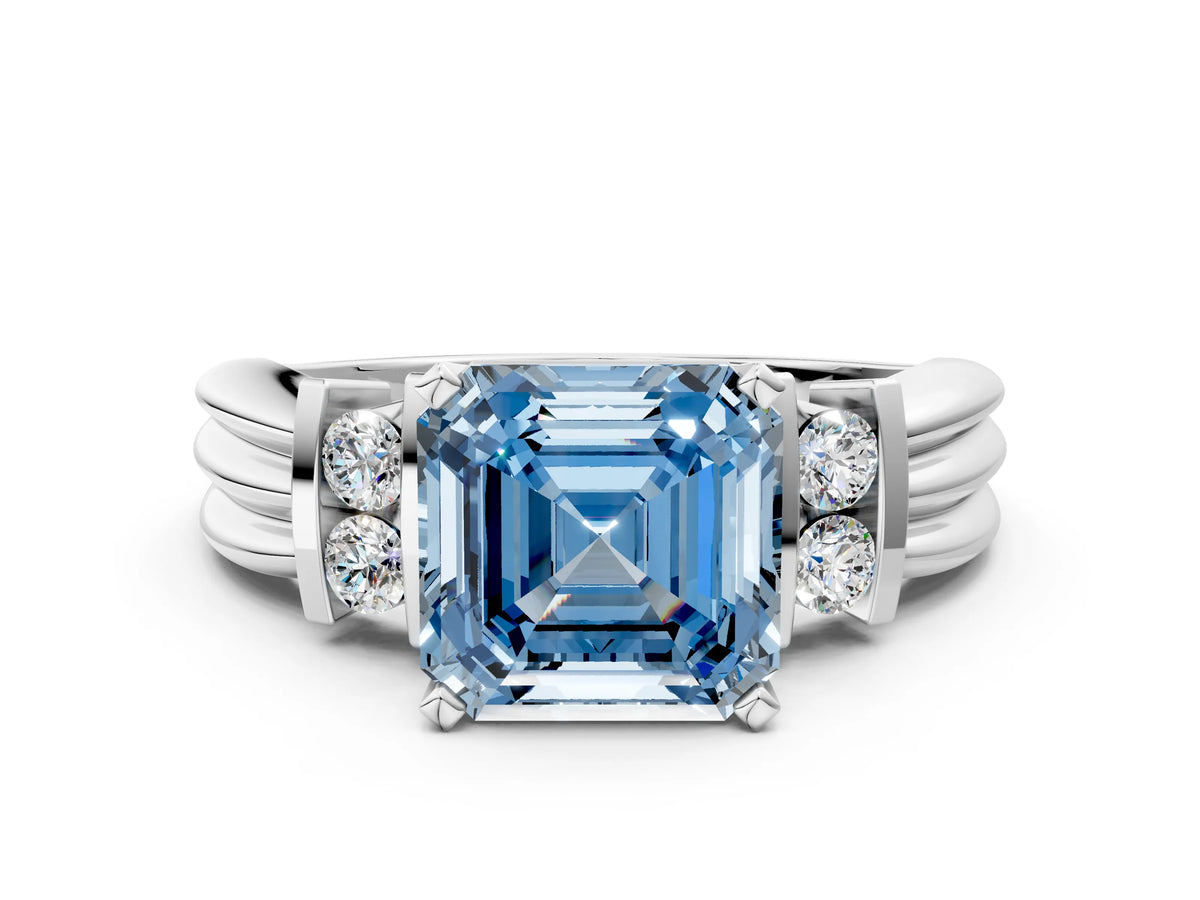 Three-Stone Fancy Blue Asscher Cut Diamond Channel Set Ring in White gold with Bar Prongs