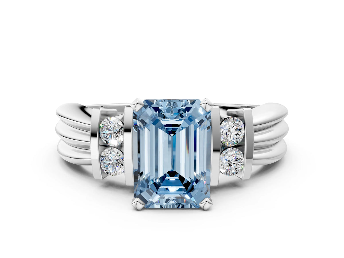 Three-Stone Fancy Blue Emerald Cut Diamond Channel Set Ring in Silver with Bar Prongs_12