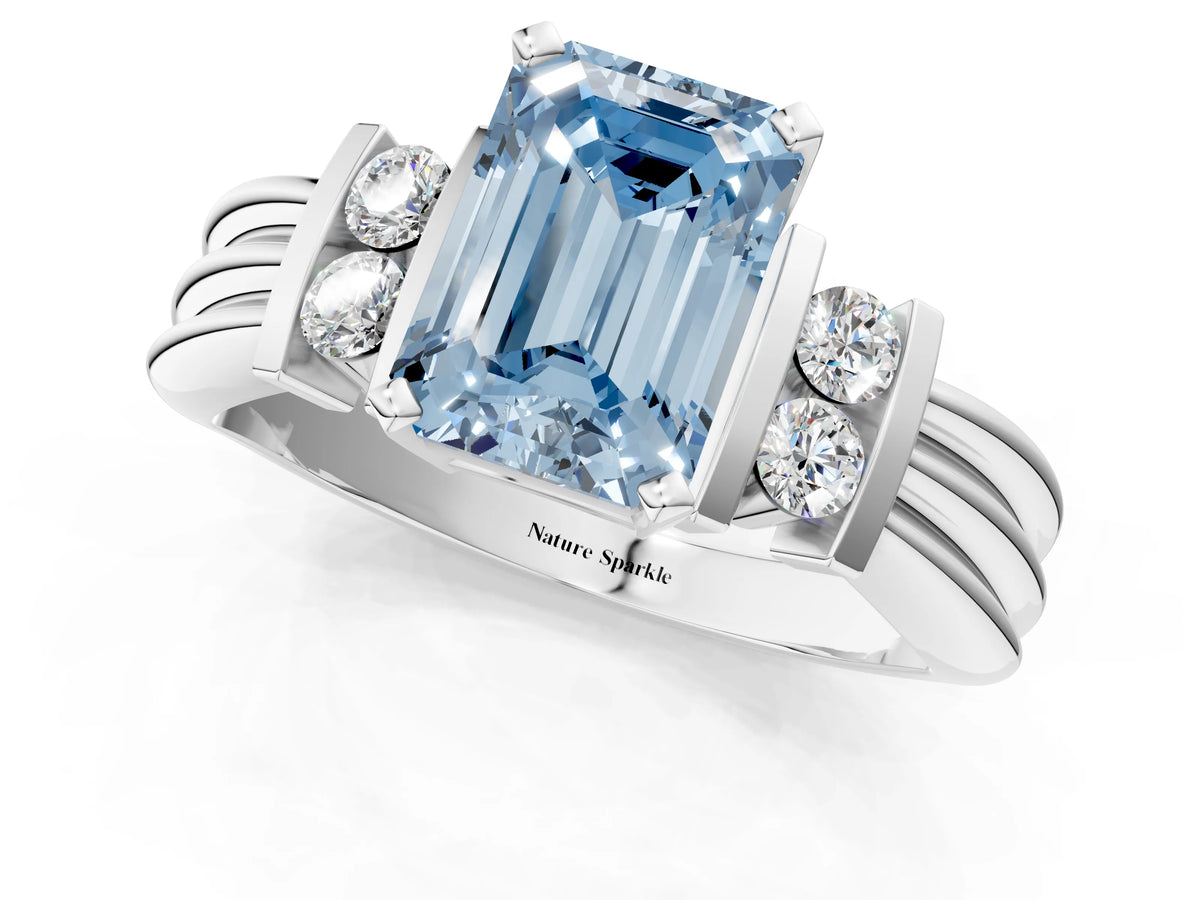 Three-Stone Fancy Blue Emerald Cut Diamond Channel Set Ring in Silver with Bar Prongs_13