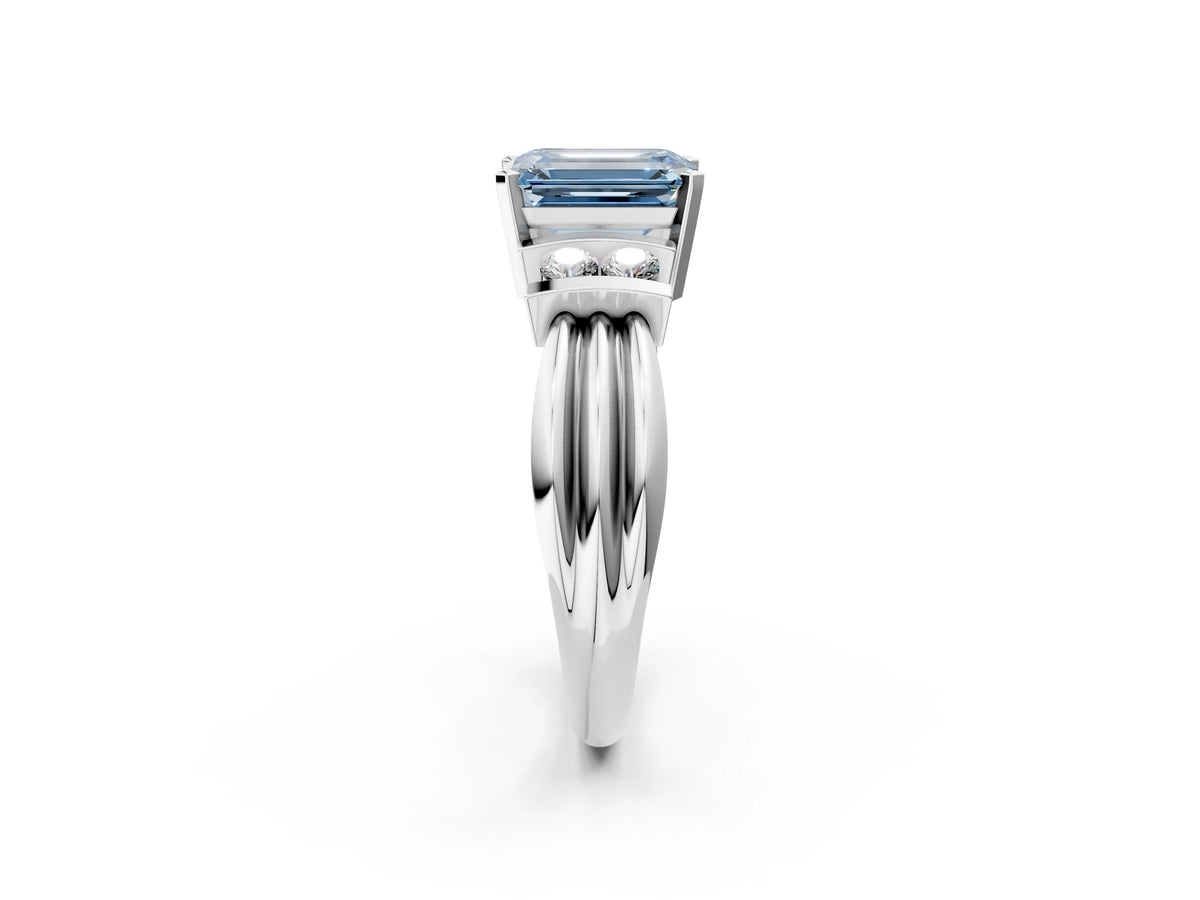 Three-Stone Fancy Blue Emerald Cut Diamond Channel Set Ring in Silver with Bar Prongs_14