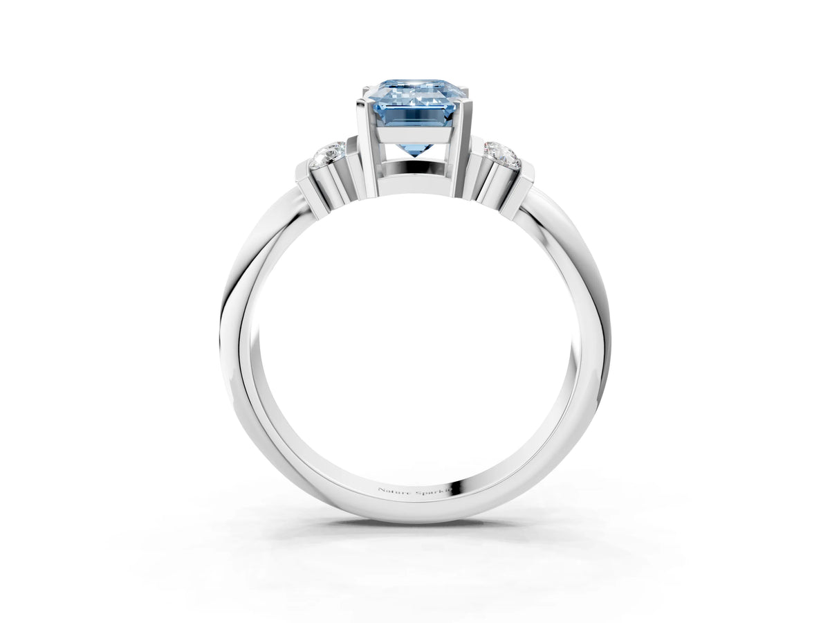 Three-Stone Fancy Blue Emerald Cut Diamond Channel Set Ring in Silver with Bar Prongs_15