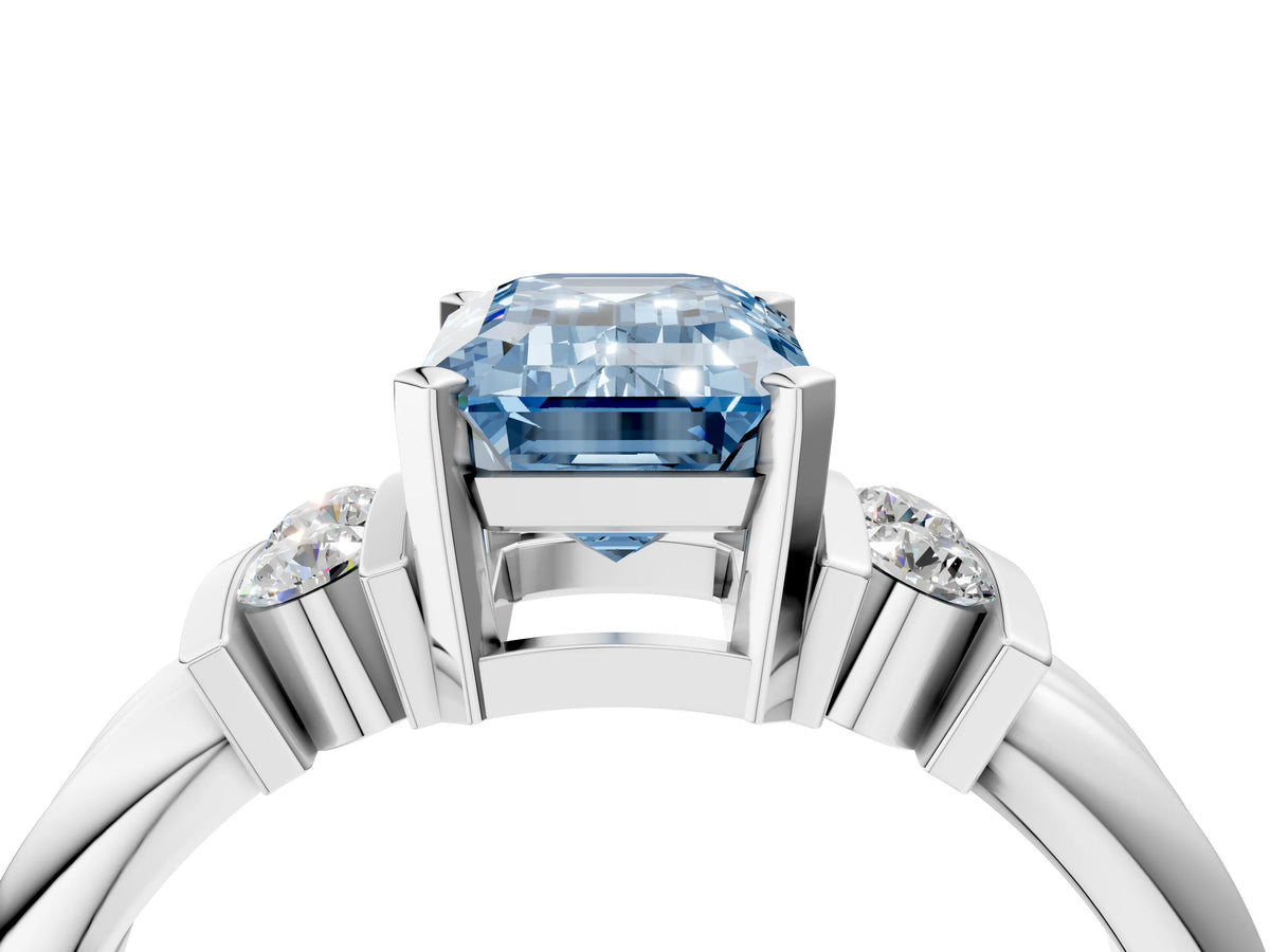 Three-Stone Fancy Blue Emerald Cut Diamond Channel Set Ring in Silver with Bar Prongs_16