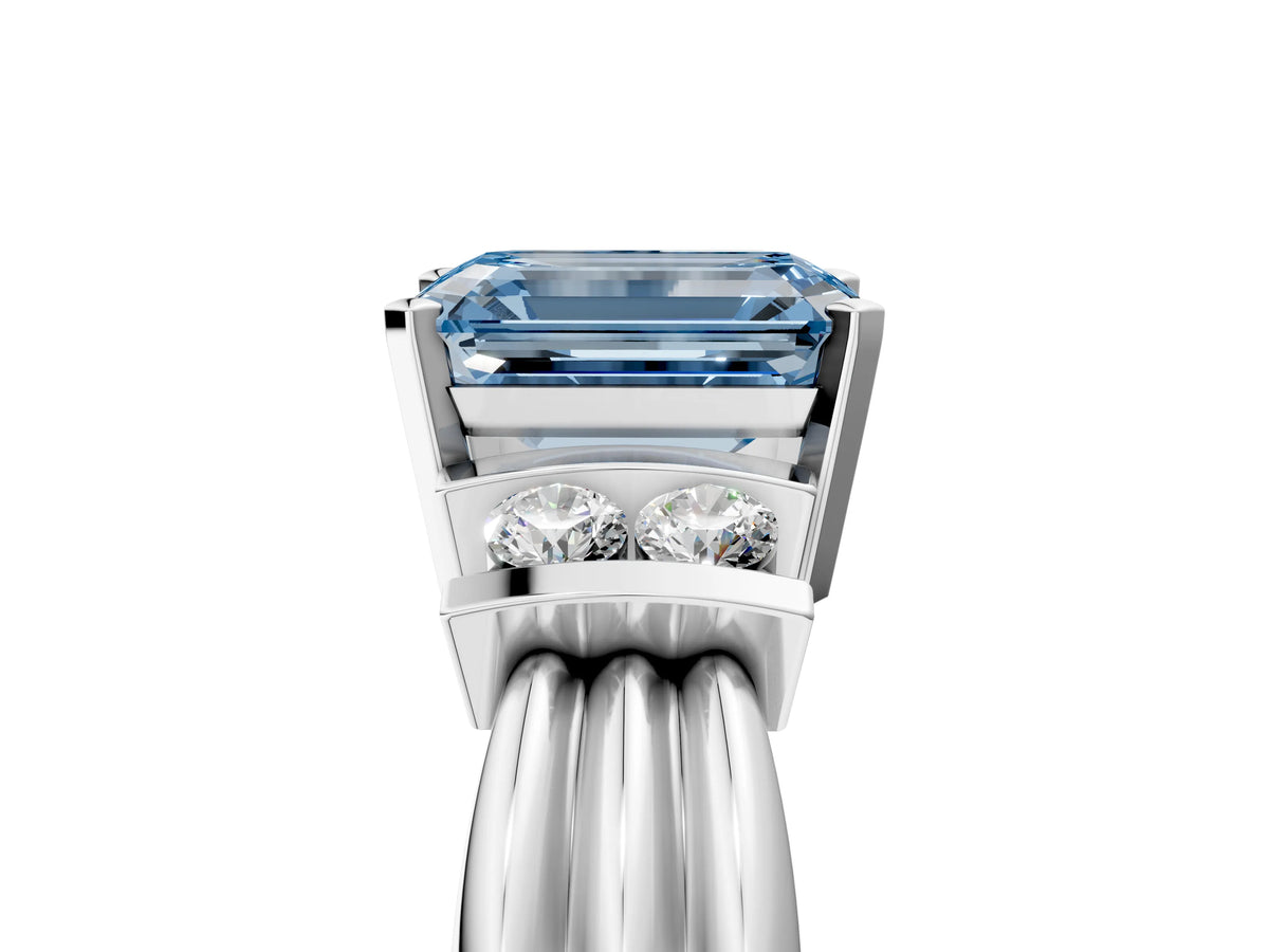 Three-Stone Fancy Blue Emerald Cut Diamond Channel Set Ring in Silver with Bar Prongs_17