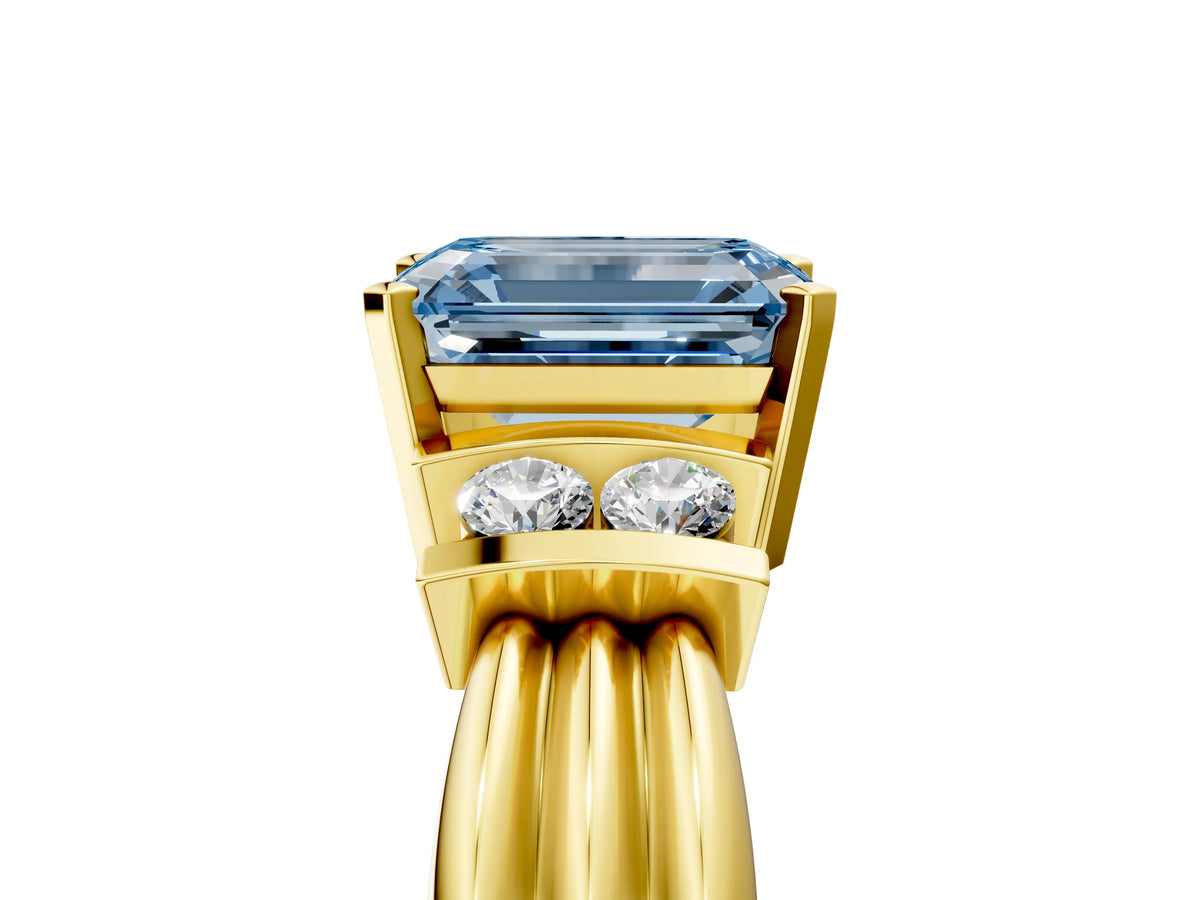 Three-Stone Fancy Blue Emerald Cut Diamond Channel Set Ring in Yellow gold with Bar Prongs_5