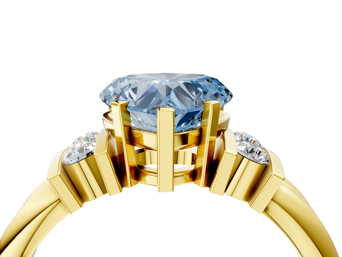 Three-Stone Fancy Blue Heart Cut Diamond Channel Set Ring in Yellow gold with Bar Prongs_4