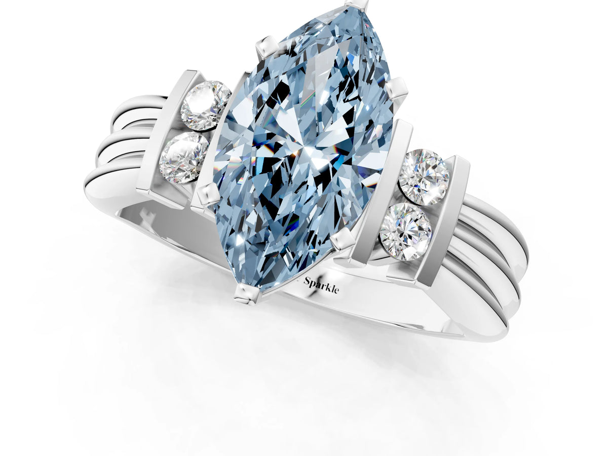 Three-Stone Fancy Blue Marquise Cut Diamond Channel Set Ring in White gold with Bar Prongs_1