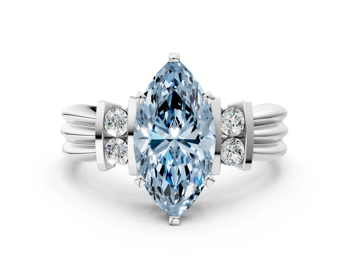 Three-Stone Fancy Blue Marquise Cut Diamond Channel Set Ring in White gold with Bar Prongs