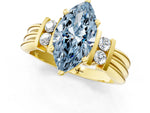 Three-Stone Fancy Blue Marquise Cut Diamond Channel Set Ring in Yellow gold with Bar Prongs_1