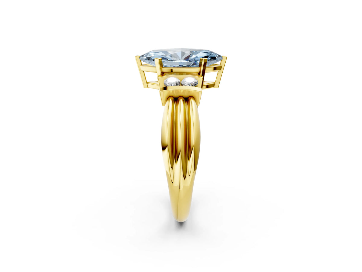 Three-Stone Fancy Blue Marquise Cut Diamond Channel Set Ring in Yellow gold with Bar Prongs_2