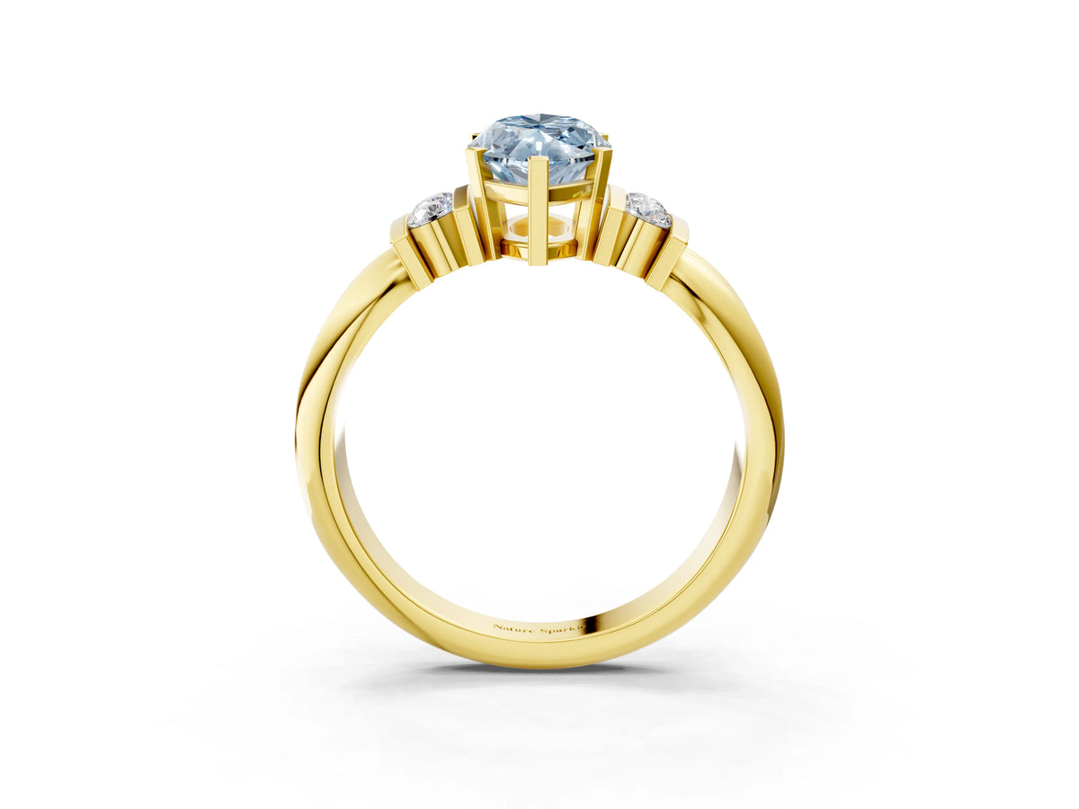 Three-Stone Fancy Blue Marquise Cut Diamond Channel Set Ring in Yellow gold with Bar Prongs_3