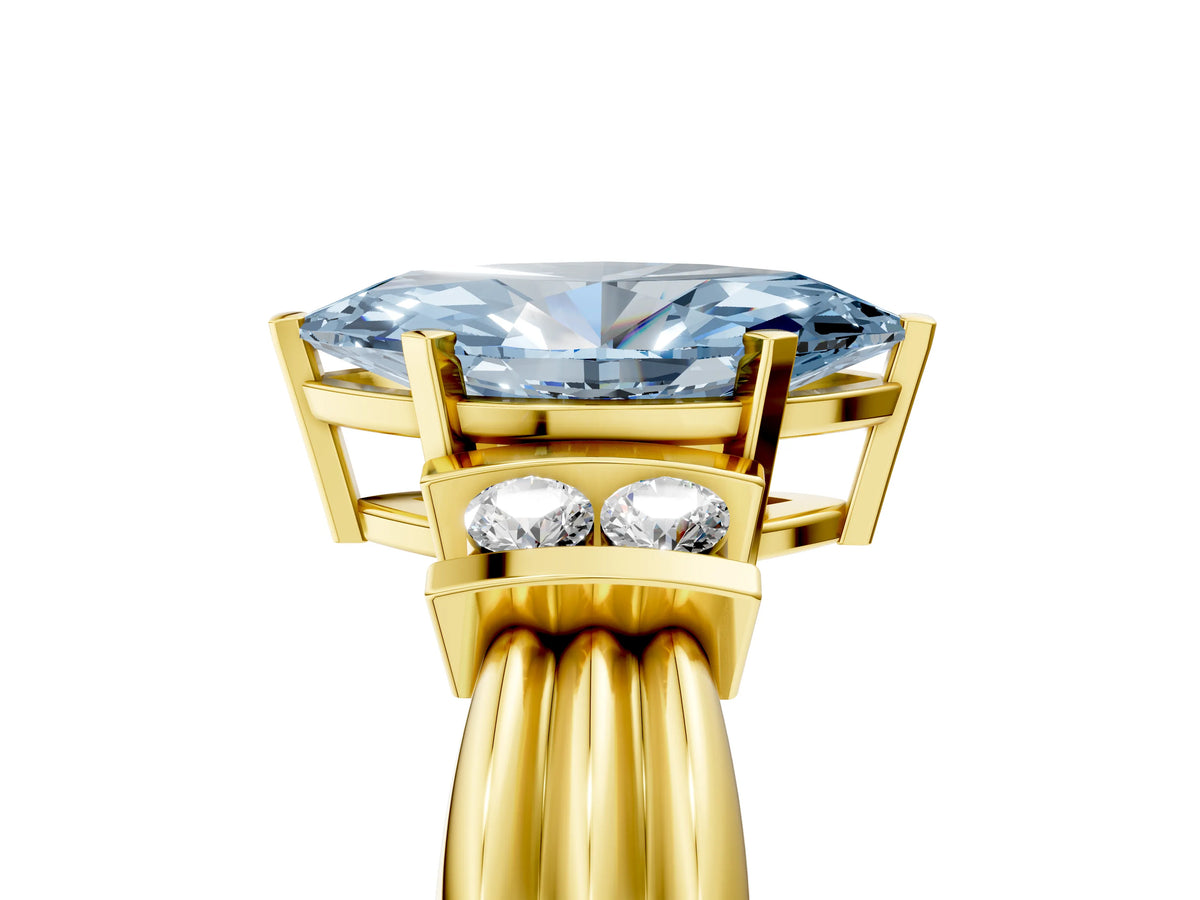 Three-Stone Fancy Blue Marquise Cut Diamond Channel Set Ring in Yellow gold with Bar Prongs_5