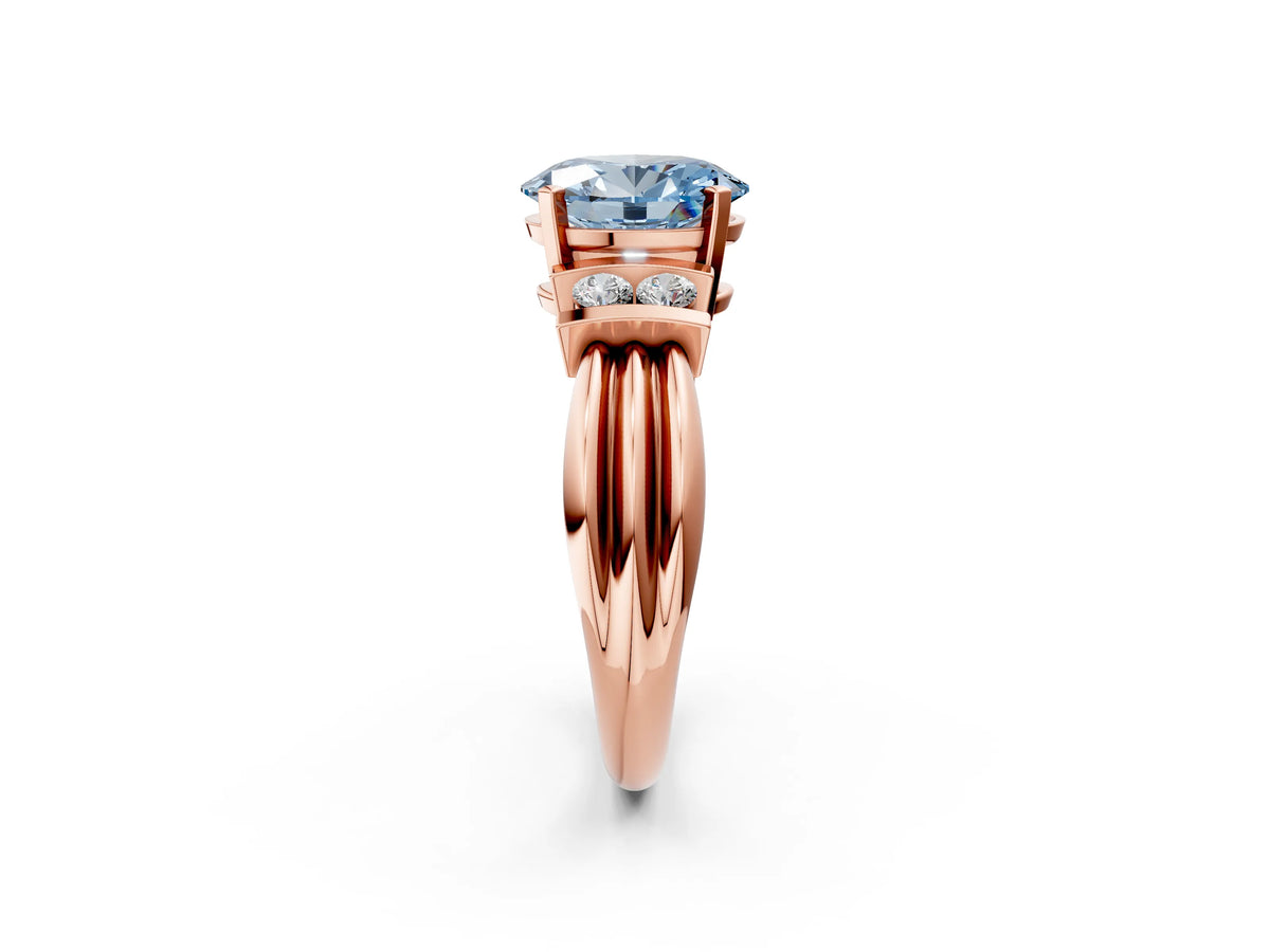 Three-Stone Fancy Blue Oval Cut Diamond Channel Set Ring in Rose gold with Bar Prongs_2