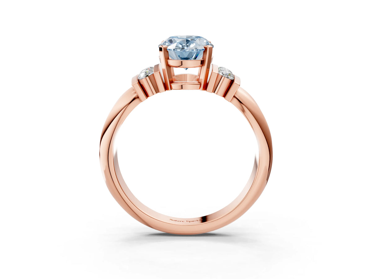 Three-Stone Fancy Blue Oval Cut Diamond Channel Set Ring in Rose gold with Bar Prongs_3