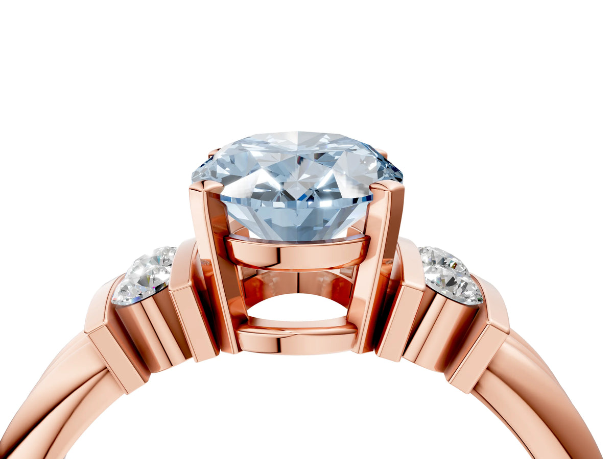 Three-Stone Fancy Blue Oval Cut Diamond Channel Set Ring in Rose gold with Bar Prongs_4