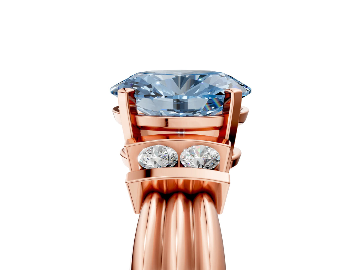 Three-Stone Fancy Blue Oval Cut Diamond Channel Set Ring in Rose gold with Bar Prongs_5