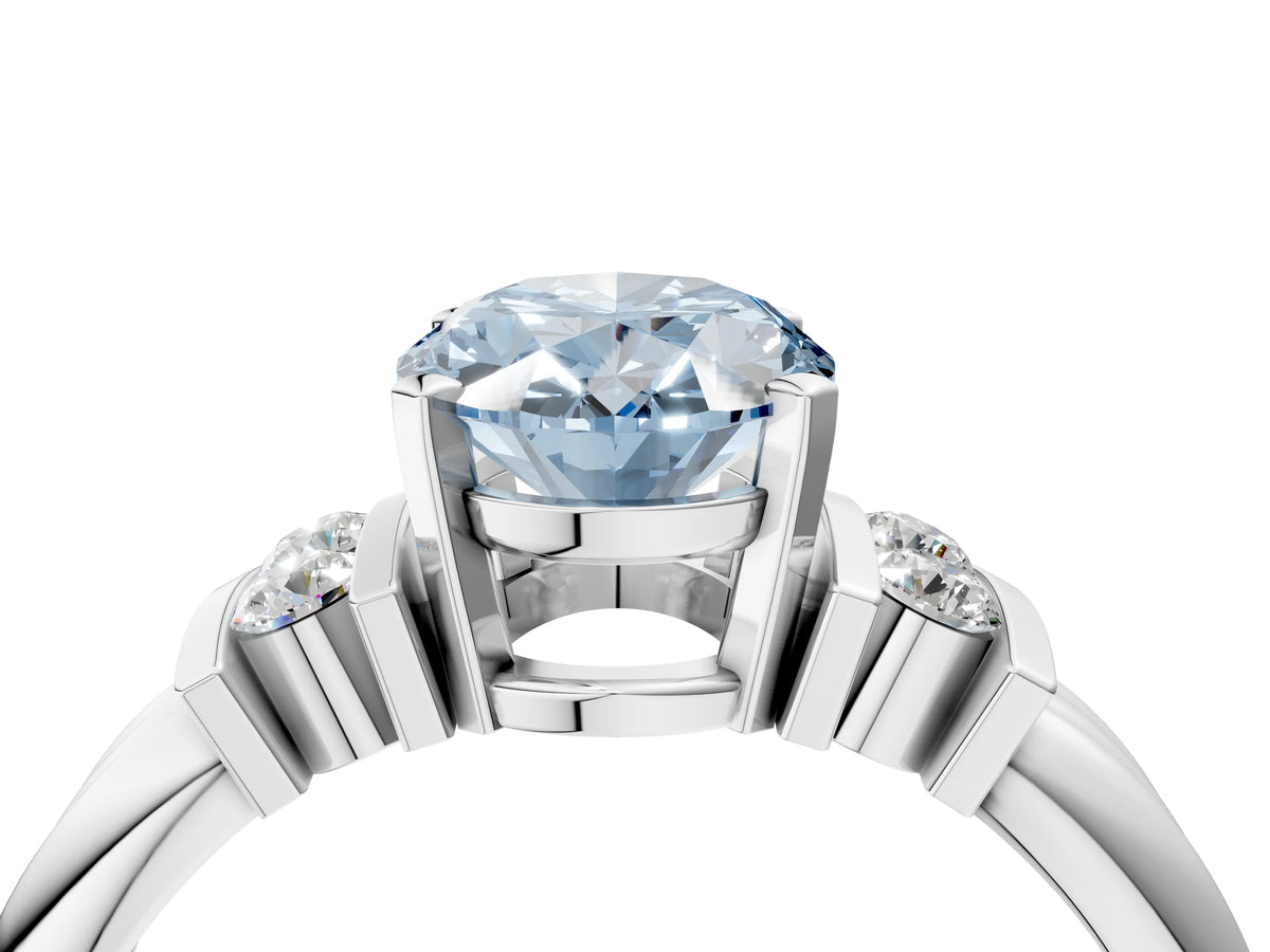 Three-Stone Fancy Blue Oval Cut Diamond Channel Set Ring in Silver with Bar Prongs_10