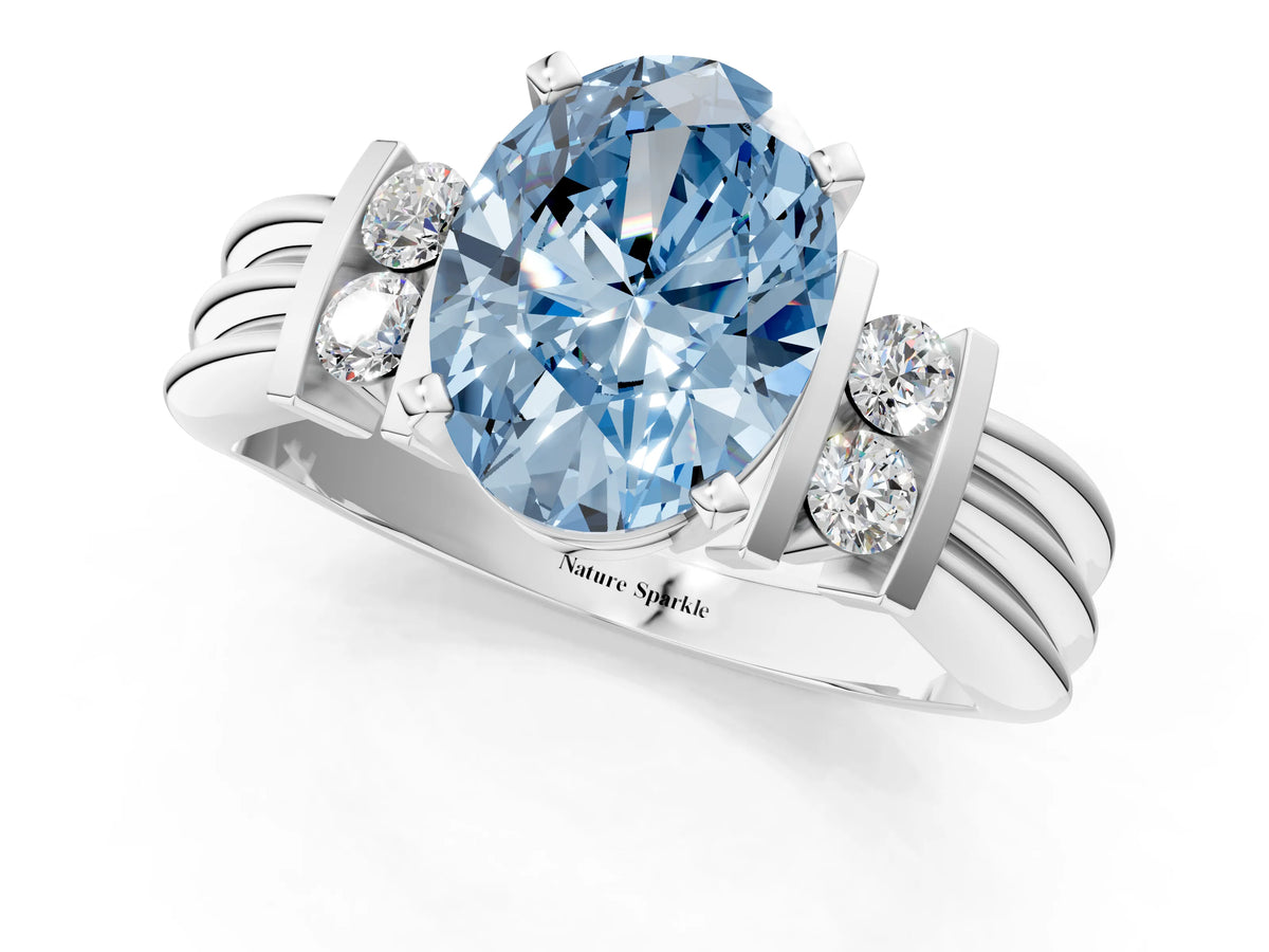 Three-Stone Fancy Blue Oval Cut Diamond Channel Set Ring in Silver with Bar Prongs_7