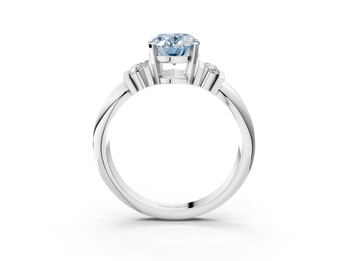 Three-Stone Fancy Blue Oval Cut Diamond Channel Set Ring in White gold with Bar Prongs_3