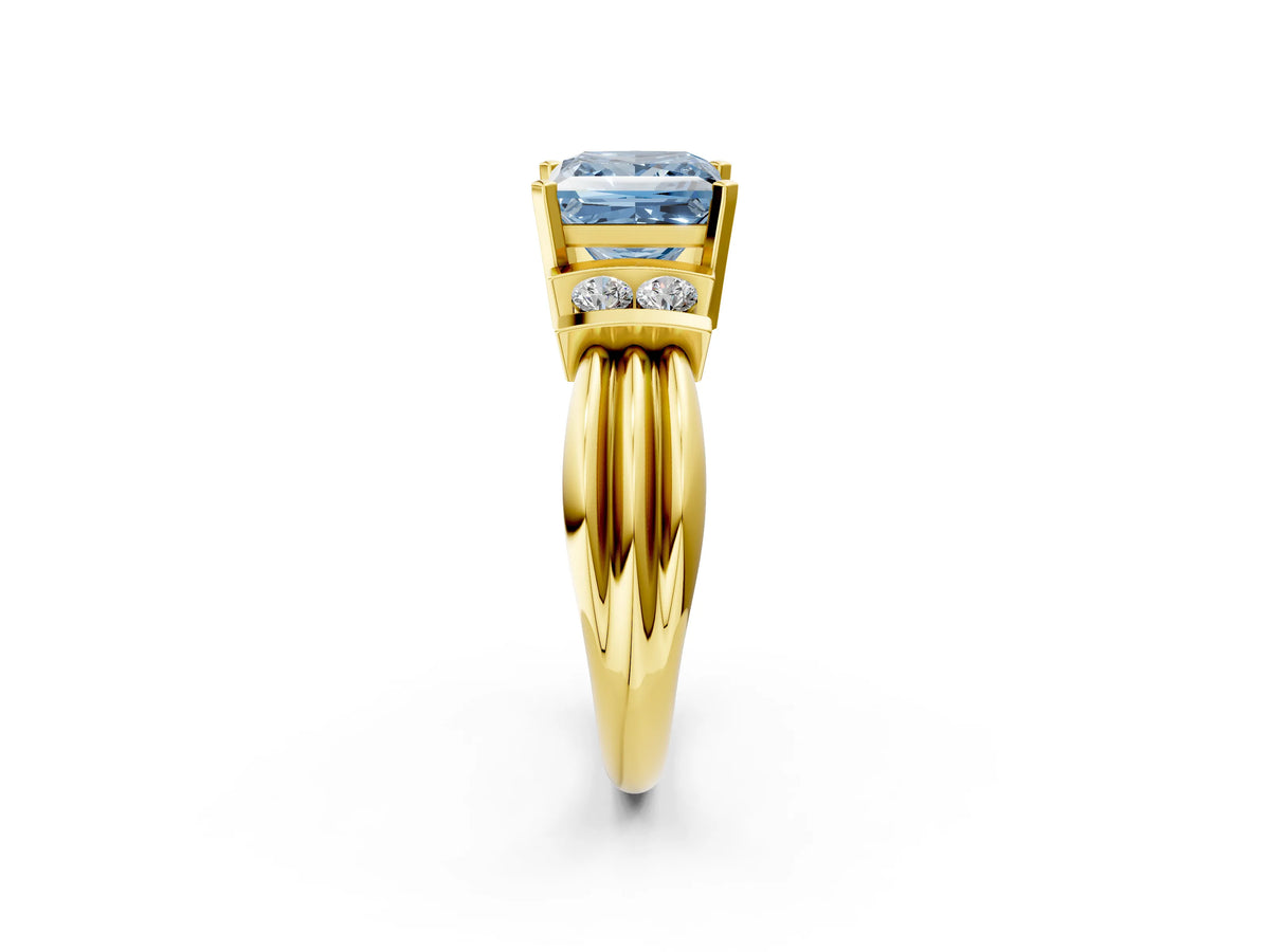 Three-Stone Fancy Blue Princess Cut Diamond Channel Set Ring in Yellow gold with Bar Prongs_2