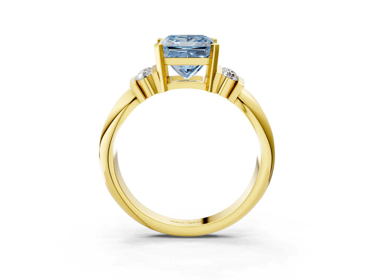 Three-Stone Fancy Blue Princess Cut Diamond Channel Set Ring in Yellow gold with Bar Prongs_3