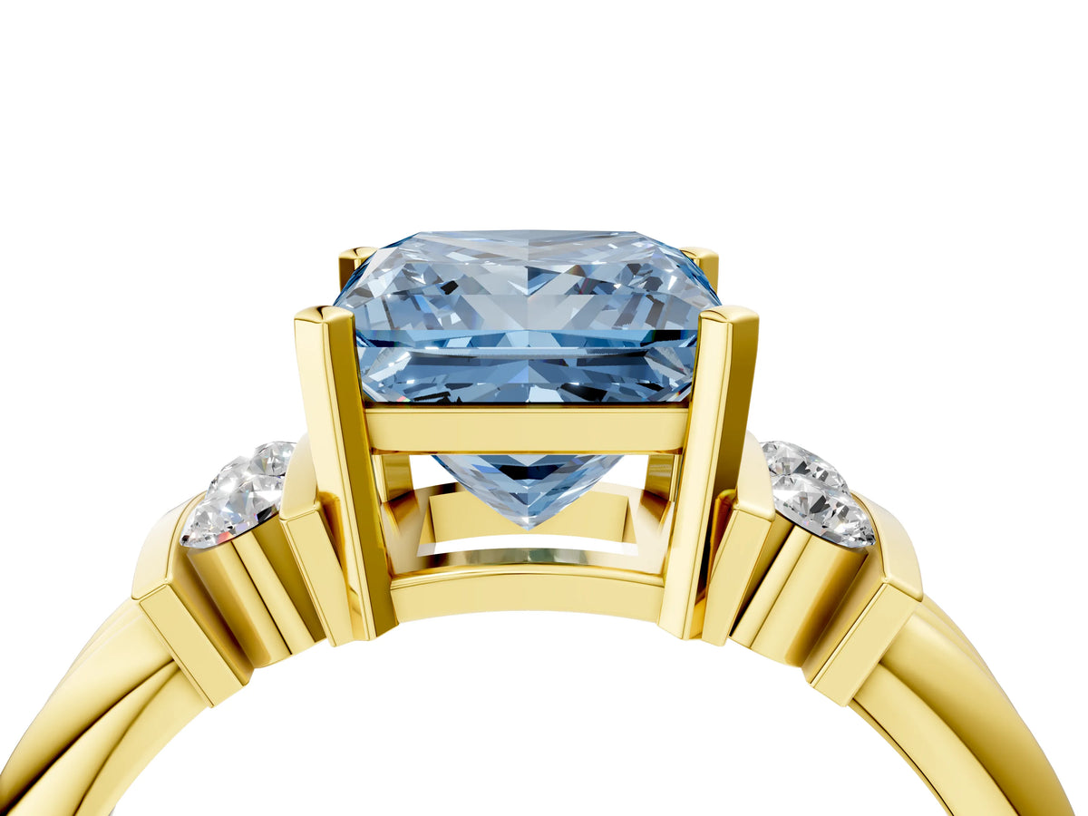 Three-Stone Fancy Blue Princess Cut Diamond Channel Set Ring in Yellow gold with Bar Prongs_4