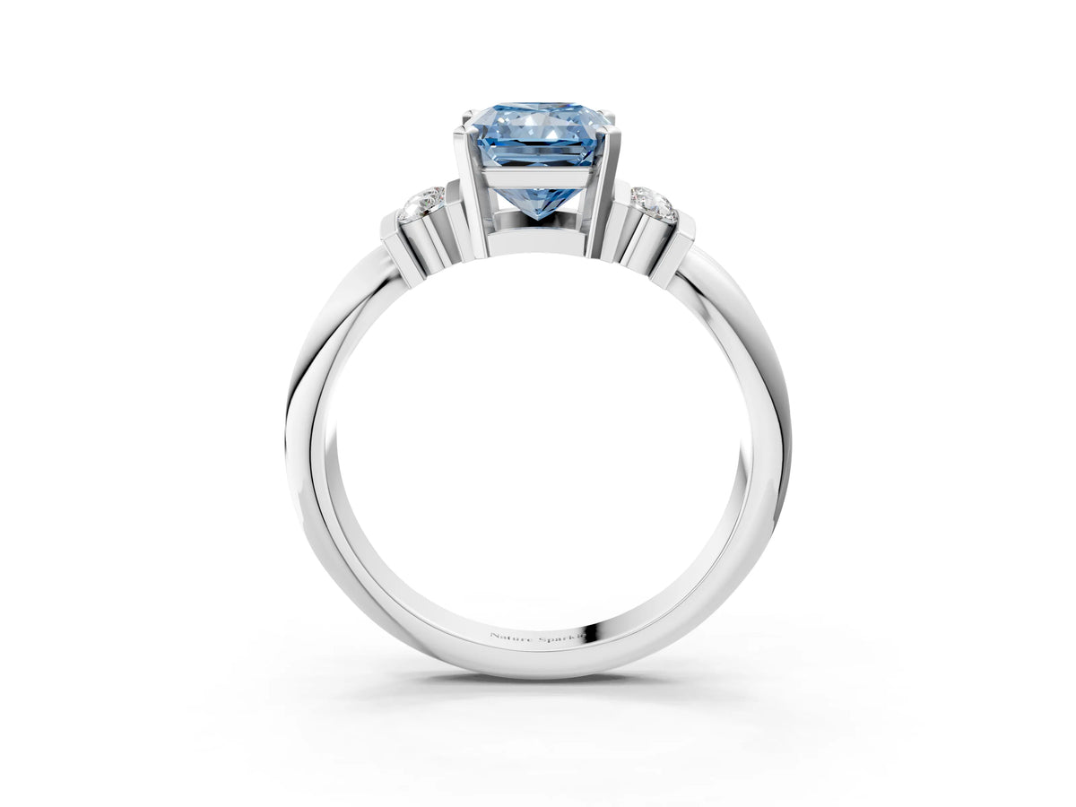Three-Stone Fancy Blue Radiant Cut Diamond Channel Set Ring in White gold with Bar Prongs_3