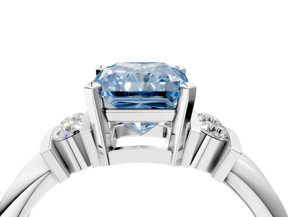 Three-Stone Fancy Blue Radiant Cut Diamond Channel Set Ring in White gold with Bar Prongs_4