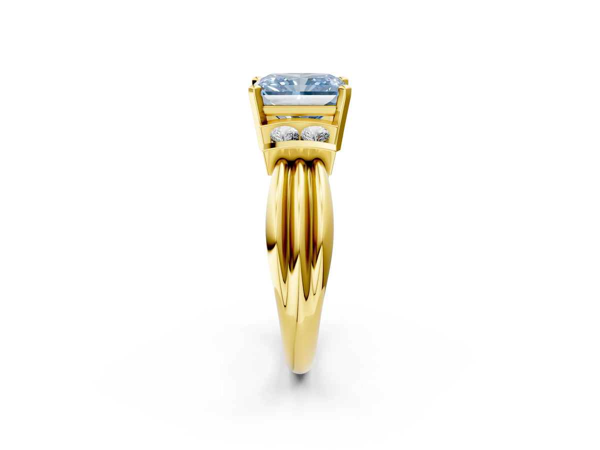 Three-Stone Fancy Blue Radiant Cut Diamond Channel Set Ring in Yellow gold with Bar Prongs_2
