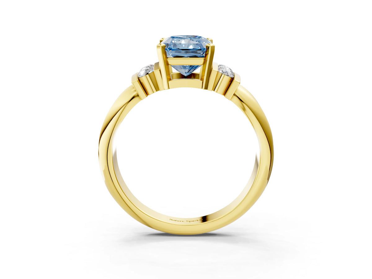 Three-Stone Fancy Blue Radiant Cut Diamond Channel Set Ring in Yellow gold with Bar Prongs_3