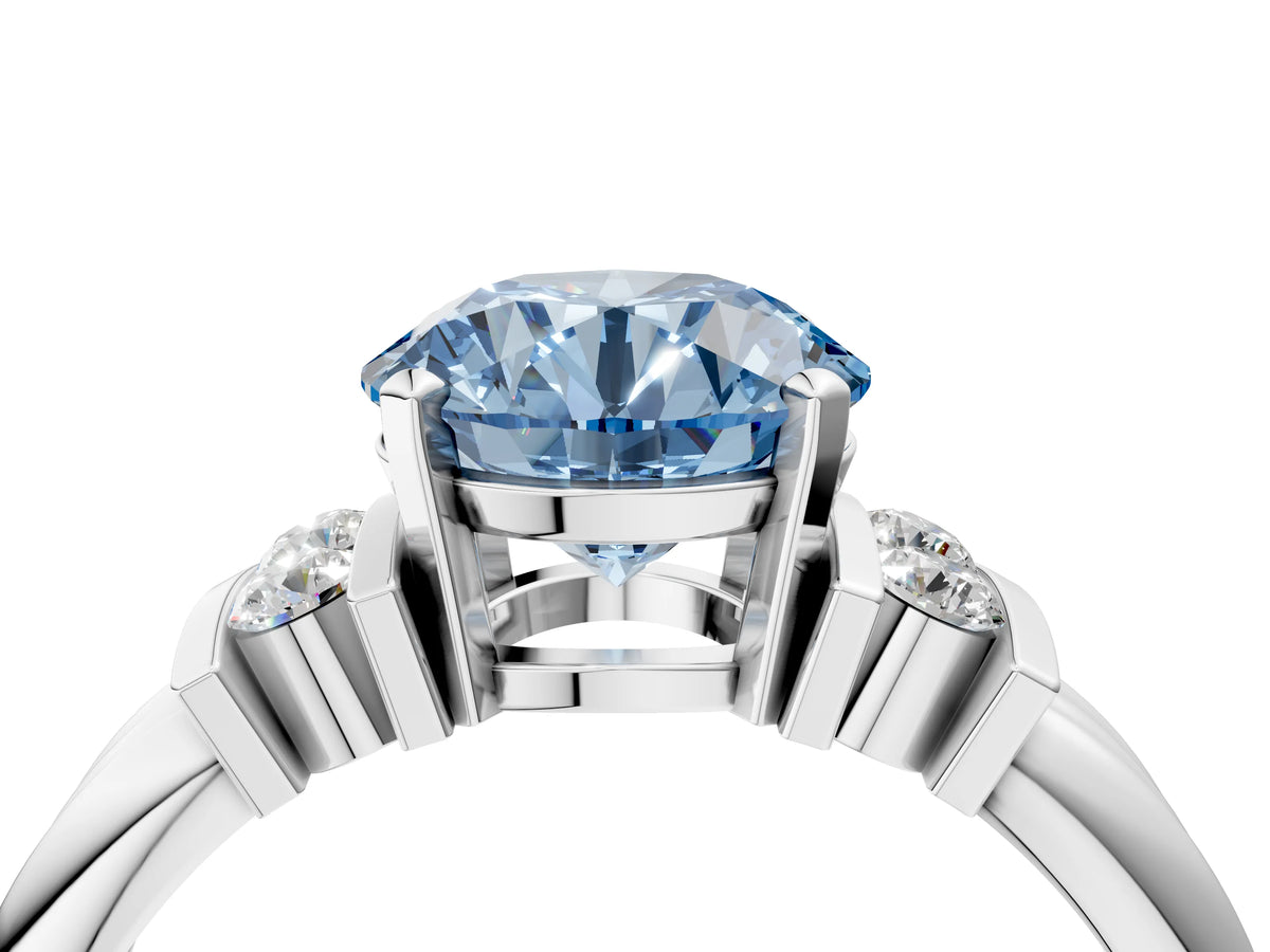 Three-Stone Fancy Blue Round Cut Diamond Channel Set Ring in Silver with Bar Prongs_10