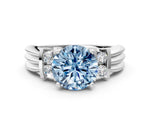 Three-Stone Fancy Blue Round Cut Diamond Channel Set Ring in Silver with Bar Prongs_6