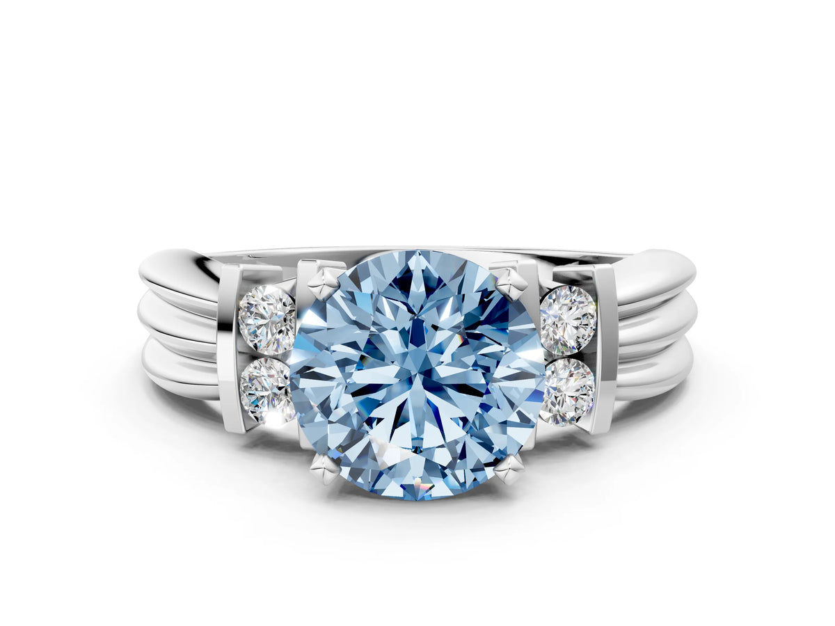 Three-Stone Fancy Blue Round Cut Diamond Channel Set Ring in Silver with Bar Prongs_6