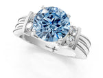 Three-Stone Fancy Blue Round Cut Diamond Channel Set Ring in Silver with Bar Prongs_7