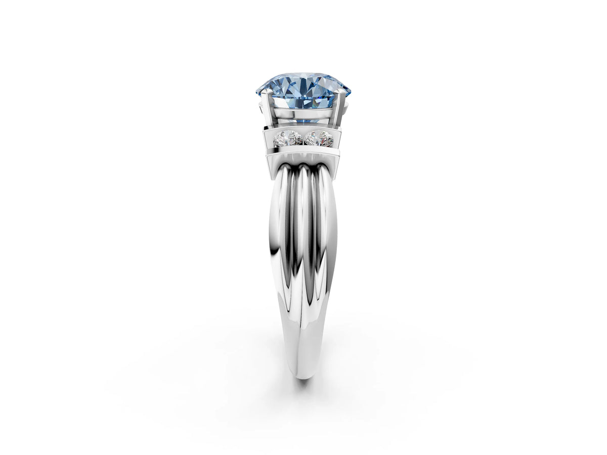 Three-Stone Fancy Blue Round Cut Diamond Channel Set Ring in Silver with Bar Prongs_8